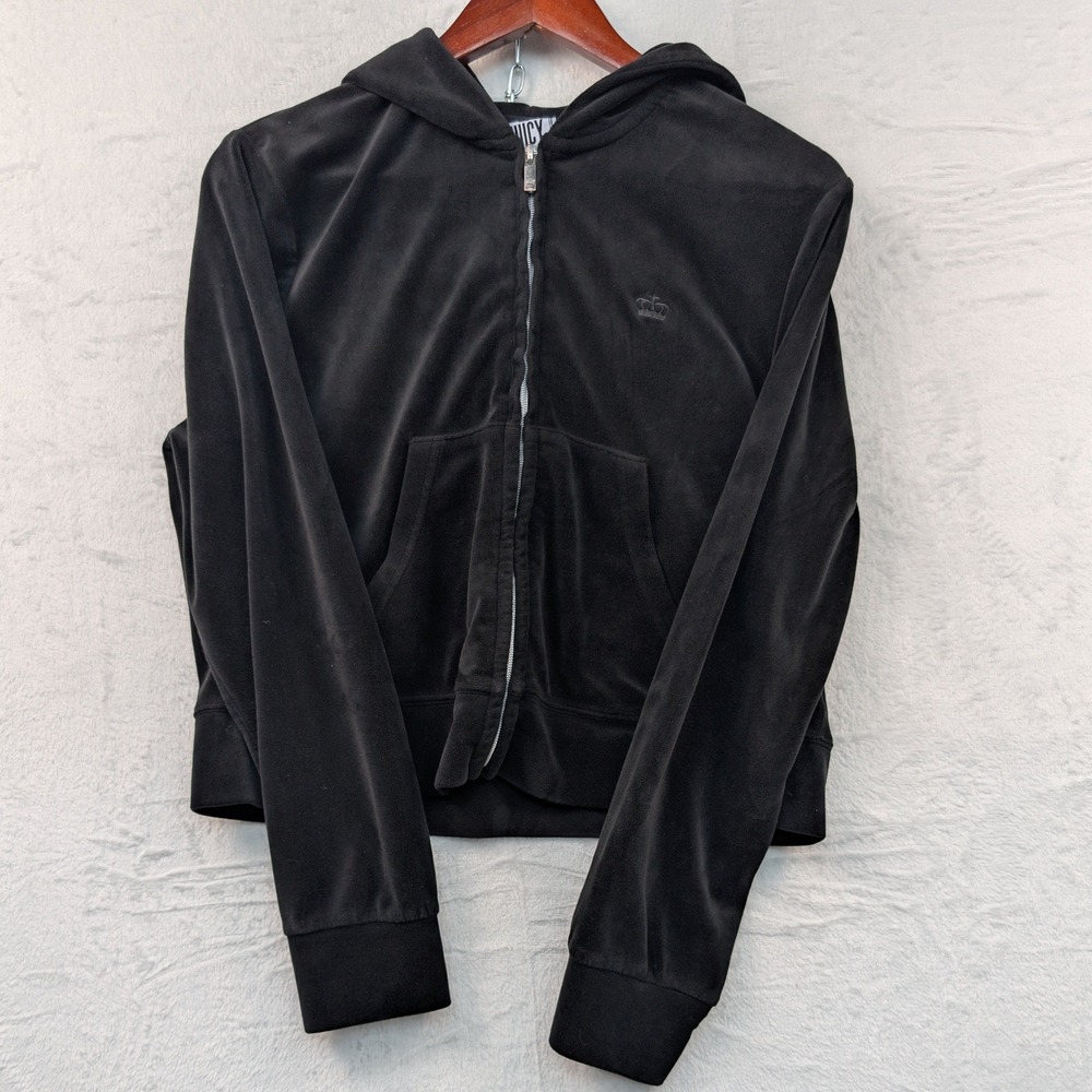Juicy by Juicy Couture Hoodie Women's XL Black Velour McBling Crop Boxy Y2K